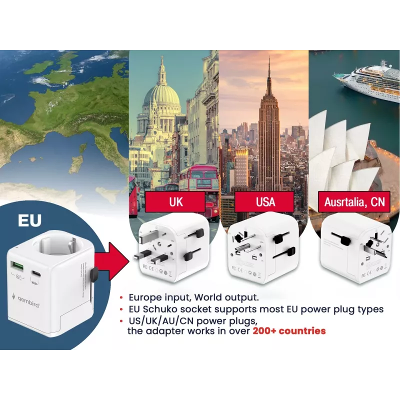 Reisiadapter GEMBIRD TPA-EU1A1C20-01-W 20W, USB-A 18W + USB-C 20W, Schuko pistikupesa, sisend 100–250V