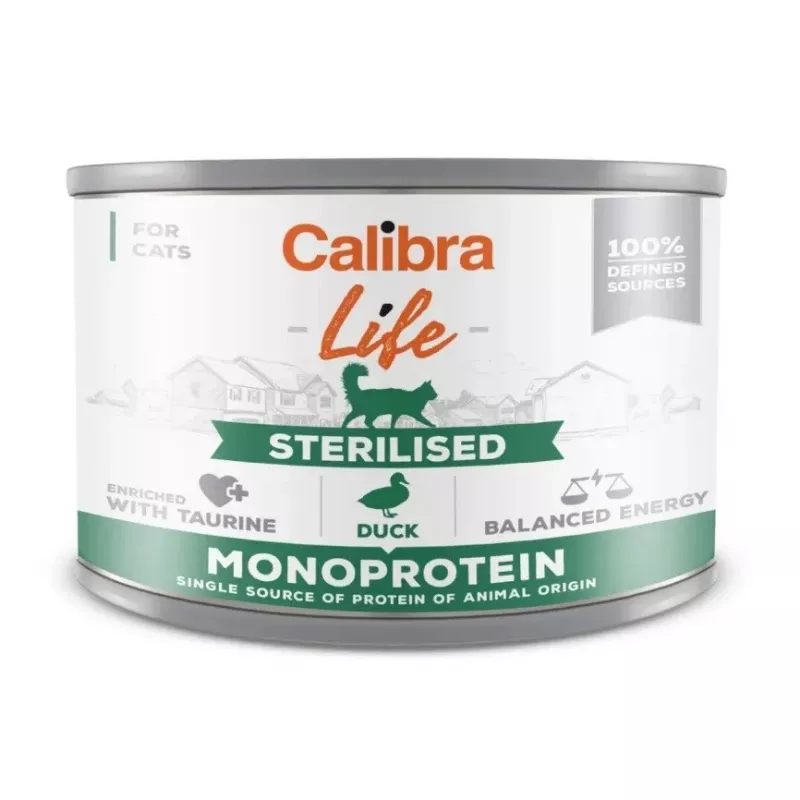 Märg kassitoit Calibra Cat Life Sterilised Duck 200 g — märg pasteet steriliseeritud täiskasvanud kassidele, ühe valguallikaga
