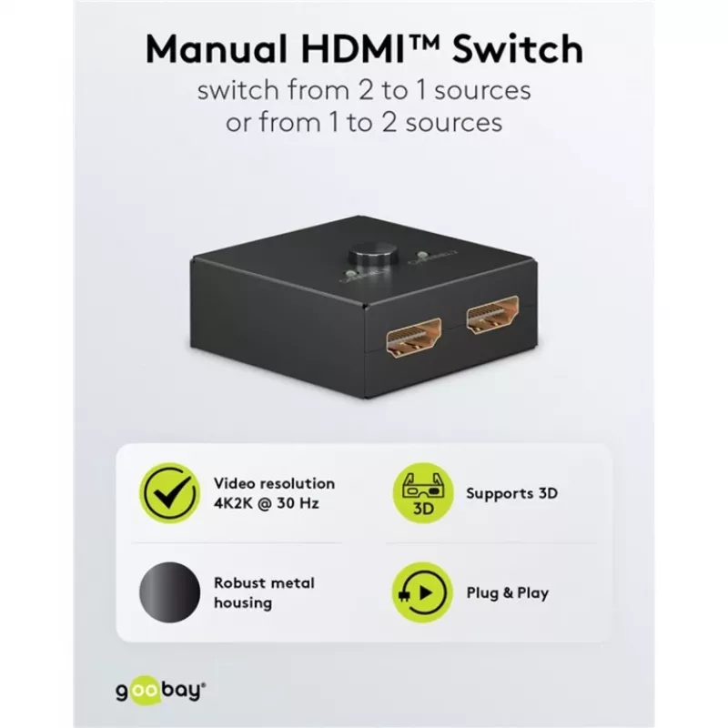 HDMI-lüliti Goobay 58485 1 sisend 1 väljund 52mm x 49.5mm x 22.5mm