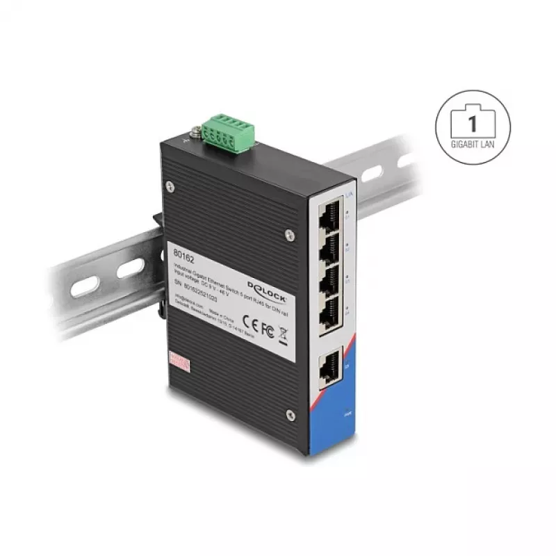 Ethernet Switch DELOCK 80162 — 5-pordiline Gigabit RJ45 DIN-liistule