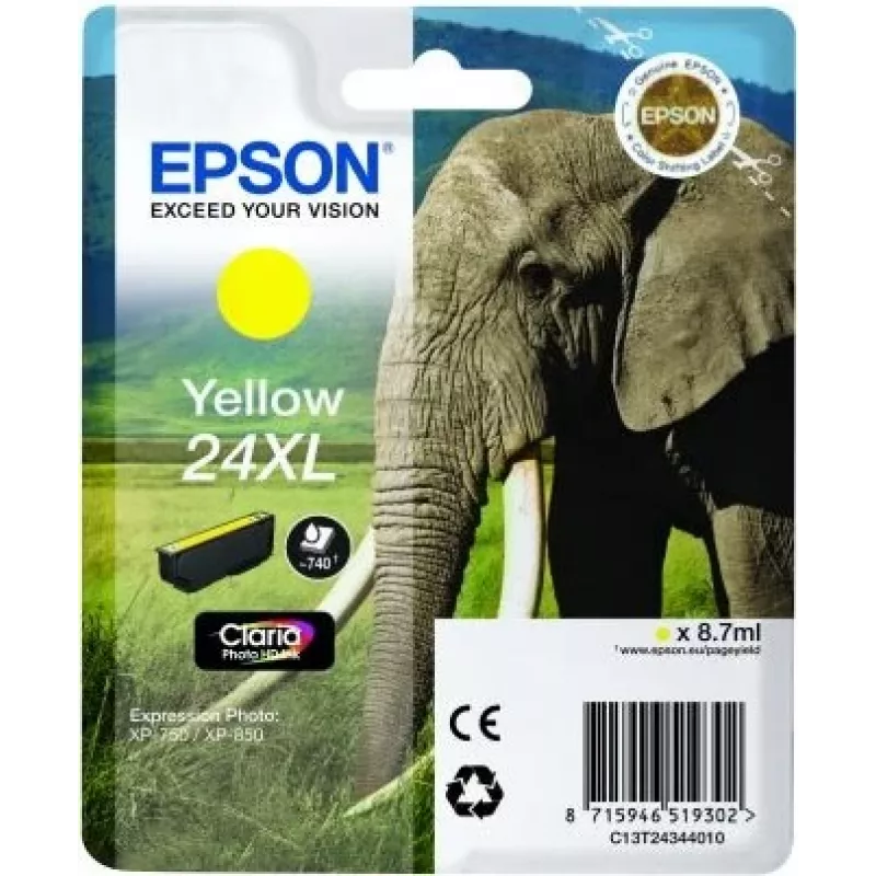 Epson Elephant Singlepack Kollane 24XL Claria Photo HD tint, Kollane, Pigmenttint, 1 tk