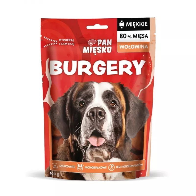 Koeramaiused Pan Miesko Beef Burgers Adult 100 g — Ühe koostisosaga hüpoallergeenne veiseliha suupiste täiskasvanud koertele