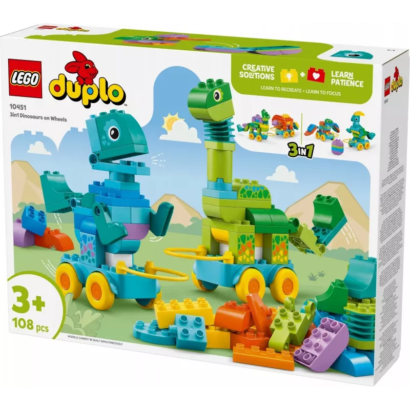 Ehituskomplekt LEGO DUPLO 10451 Dinosaurused ratastel 3-in-1 komplekt, 108 tk, vanus 3+, kõrgus 220 mm