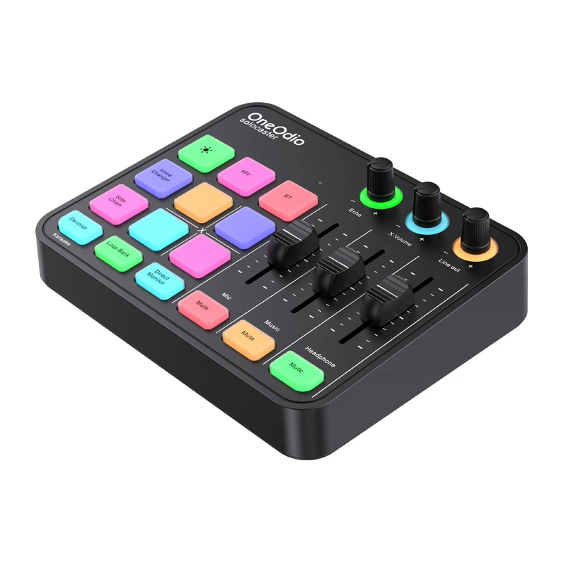 Audio mikser ja USB helikaart OneOdio Solocaster — kompaktne lauaarvuti liides voogedastuseks ja salvestamiseks