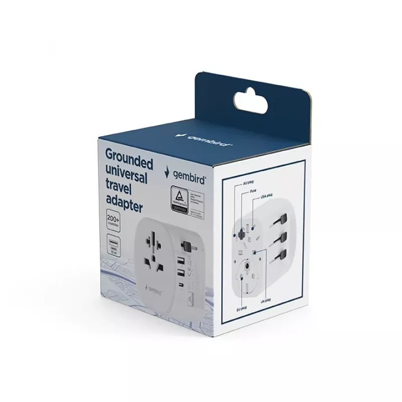 Reisiadapter GEMBIRD TPA-EU2A1C15-01-W — 15W, Type E pistik, 2× USB-A + 1× USB-C, 100–250V