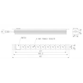 Toitejaotusseade GEMBIRD EG-PDU-9F2F — 9 prantsuse (tüüp E) pistikupesa, 1U riiul, 16A, 2 m kaabel