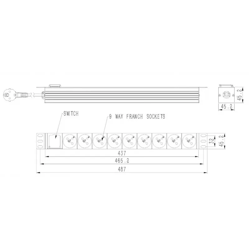 Toitejaotusseade GEMBIRD EG-PDU-9F2F — 9 prantsuse (tüüp E) pistikupesa, 1U riiul, 16A, 2 m kaabel