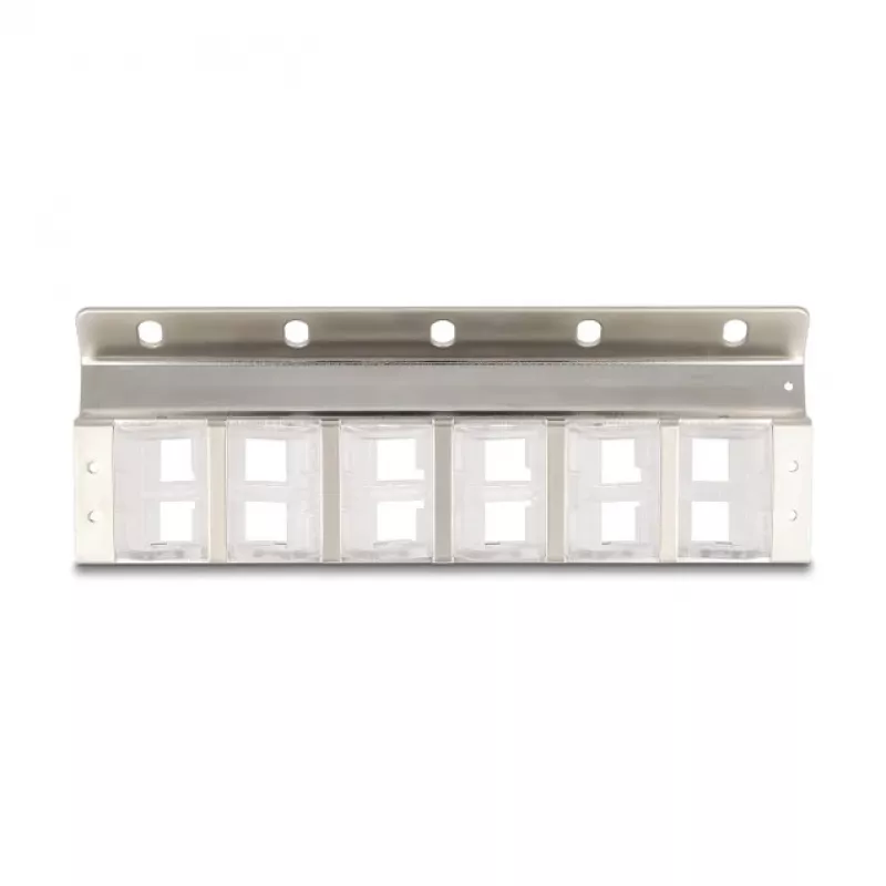 Keystone hoidik 12-pordiline kallutatav 10-tollise ja 19-tollise raami/seinale paigaldamiseks, DELOCK 67040, metall/plast, hõbedane, 77×222×27 mm