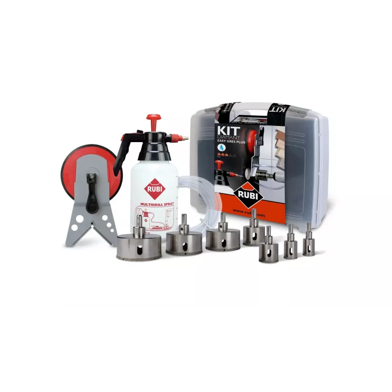 Puuriterade komplekt RUBI Easy Gres Plus Kit — 7 tk teemantpuuritera, 27 mm pikkus, portselani jaoks, kandekohvriga