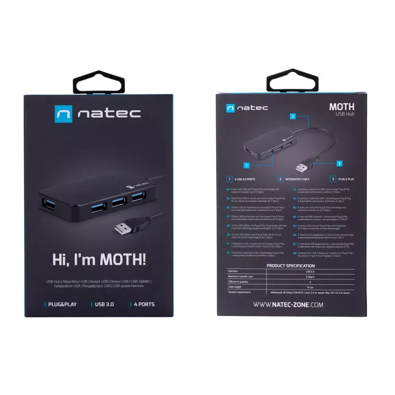 USB-jaotur NATEC Moth 4-pordiline USB 3.2 Gen 1 Type-A (5000 Mbit/s), USB-toitega, must, 0,15 m kaabel