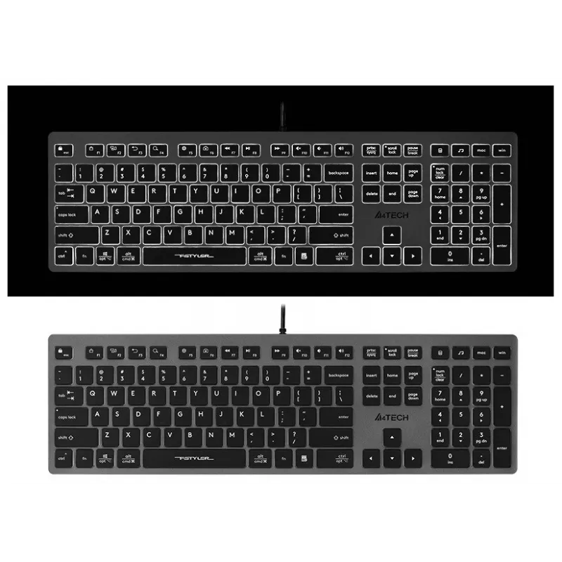 Juhtmega A4Tech klaviatuur FX60H USB QWERTY — täissuuruses 100%, valge taustvalgustusega, hall
