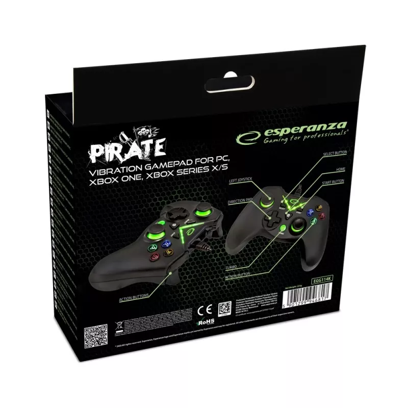 Gamepad Esperanza EGG114K juhtmega USB 2.0 must — 12 nuppu, 2 juhtkangi, vibratsioon, PC-le ja Xbox Series X/S/One'ile