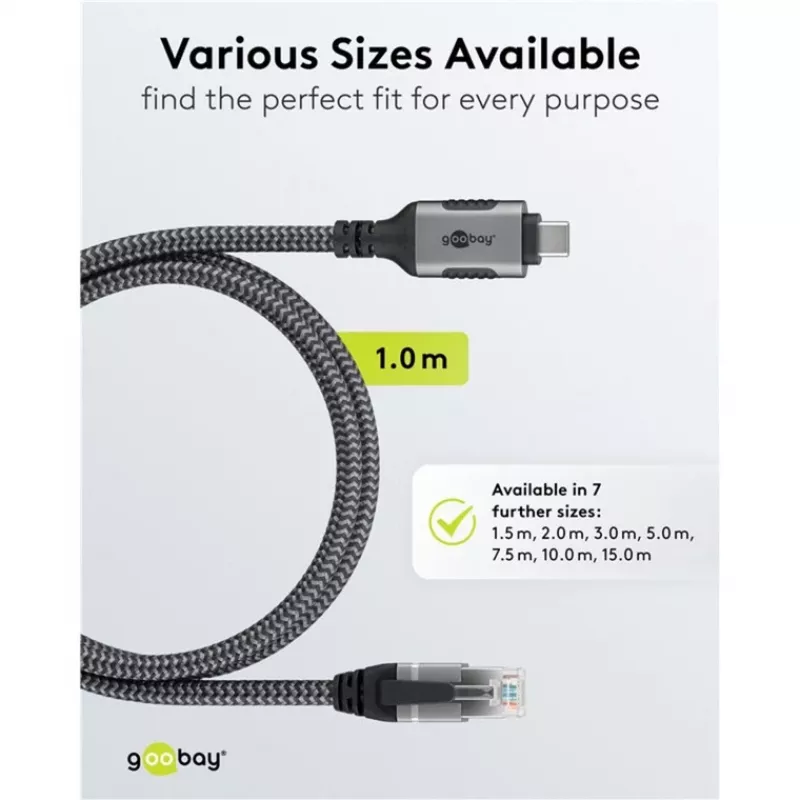 Wentronic goobay - võrgukaabel - 24-pin USB-C (isane) RJ-45 (isane) - 1,0 m - 6 mm - FTP - CAT 6 - USB 3,1 - punutud kaabel - must, hõbedane (70696)