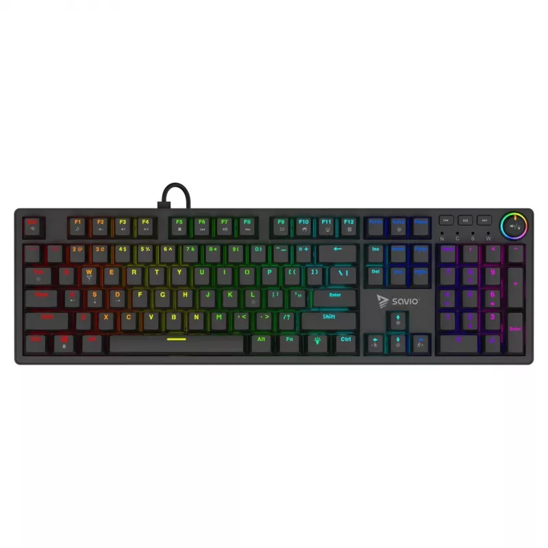 Mänguklaviatuur SAVIO STYX BROWN — mehaaniline Outemu Brown, QZERTY US International, RGB, USB, täissuuruses 104 klahvi, must