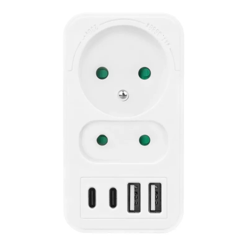 Jagaja MACLEAN MCE249 F/W — 2 voolupesa (16 A + 6 A) ja 4 USB-porti (2× A, 2× C PD 20 W)