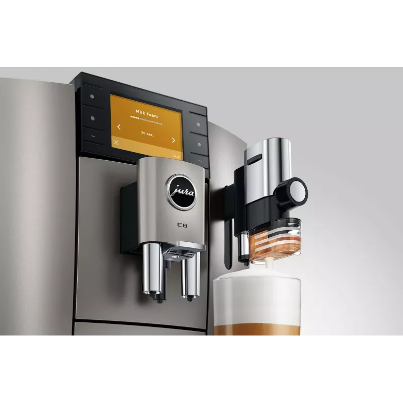 Espressomasin JURA E8 Täisautomaatne 1,9 L Hõbedane — 15 bar, 3,5-tolline ekraan, veski, piimavahustaja