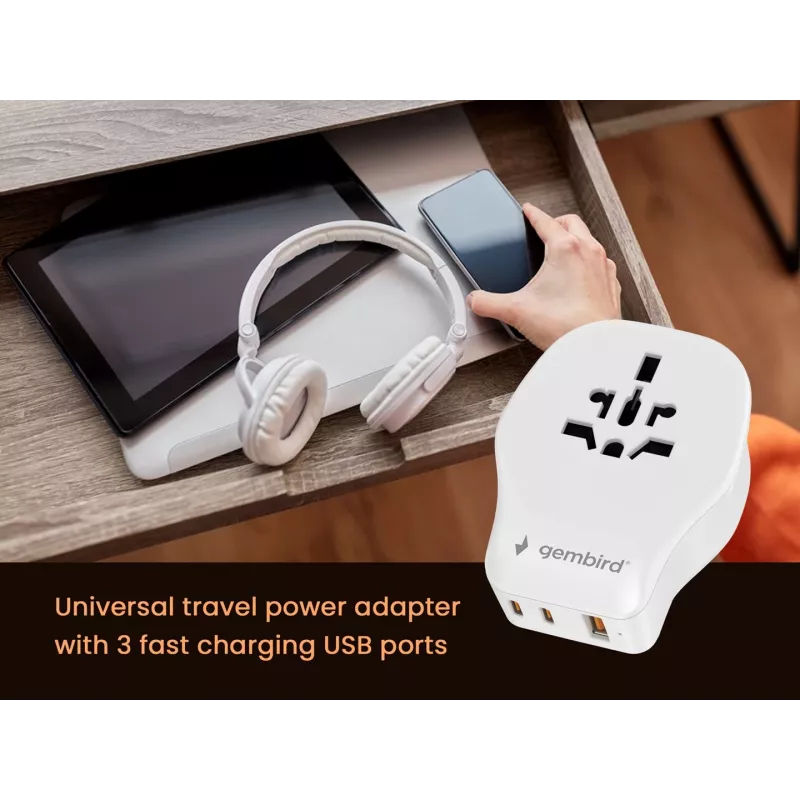 Seinareisiadapter GEMBIRD TPA-1A2C20-02-W 20W — 1×USB-A + 2×USB-C, Type G pistik, 100–250V, valge