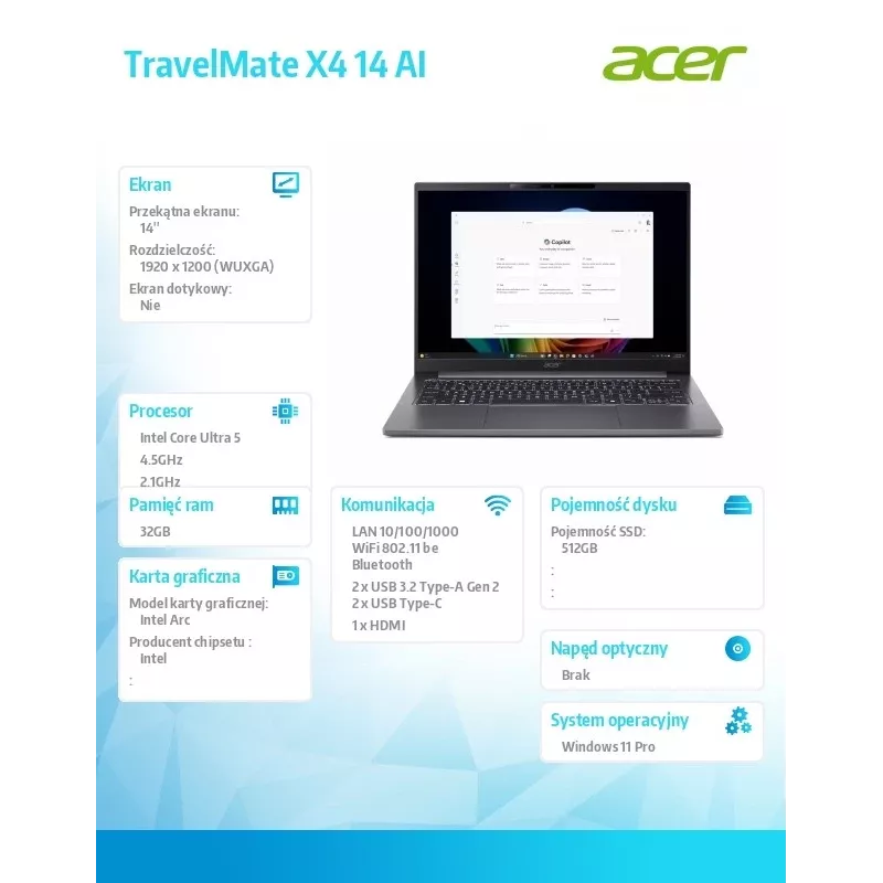 Sülearvuti Acer TravelMate P4 TMX414-51-TCO 14-tolline WUXGA IPS, Intel iU5, 32GB RAM, 512GB SSD, Wi‑Fi 7, Windows 11 Pro, 3-aastane kohapealne JTP