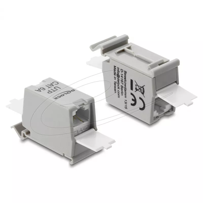DELOCK Cat.6A RJ45 ühendusmuhv kahe pesaga DIN-liistule, hall