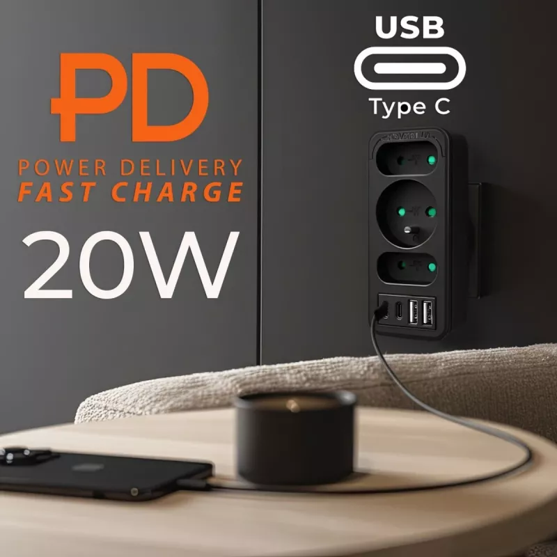 Toitejaotur MACLEAN MCE248 F/B — 3 vahelduvvoolu pesa (1x16A, 2x6A) ja 4 USB-porti (2xUSB‑A, 2xUSB‑C PD 20W), EL-pistik, must
