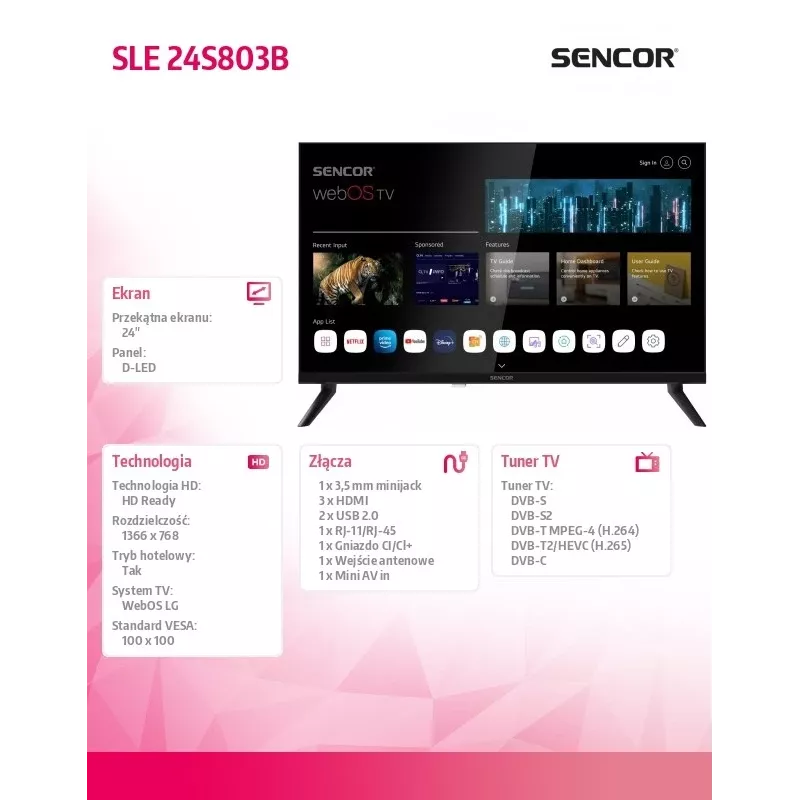 24-tolline SENCOR SLE 24S803B HD Ready SMART TV koos webOS-i, Wi-Fi, Bluetoothi, DVB-T2/C/S2, 1366×768