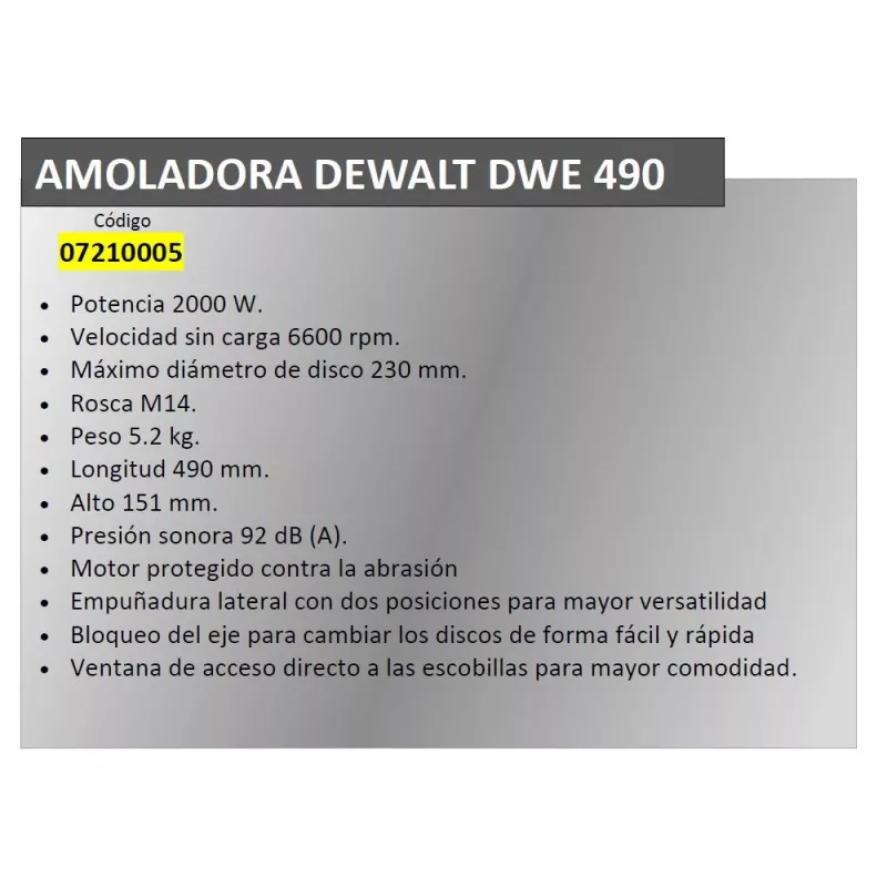 Nurklihvija DeWALT DWR490 — 2200 W, 230 mm ketas, 6600 p/min, 5,2 kg