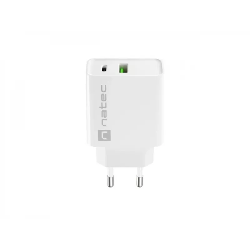 Sisetingimustes vahelduvvoolu kiirlaadija NATEC RIBERA 12V 20W USB-C PD 3.0 + USB-A Samsung AFC valge