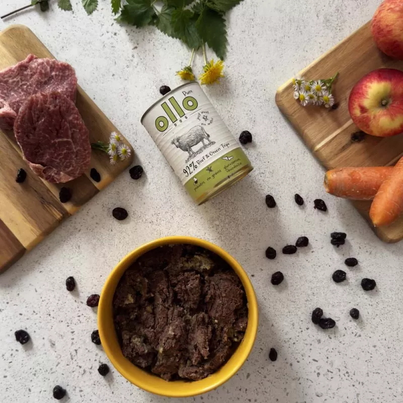 Märg koeratoit OLLO Pure Beef and roheline Tripe 400 g purk — täiskasvanud, valk 14,5%, rasv 11,9%, niiskus 69%