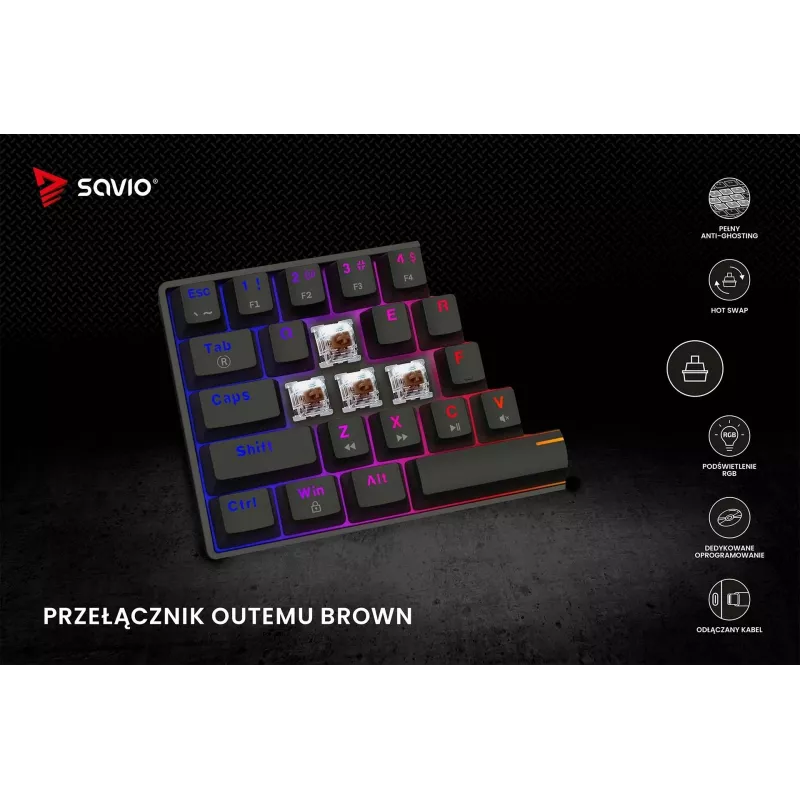 Mehaaniline mänguklaviatuur SAVIO MustOUT X2 BROWN 61-klahviga 60% USB QWERTY RGB Outemu Brown