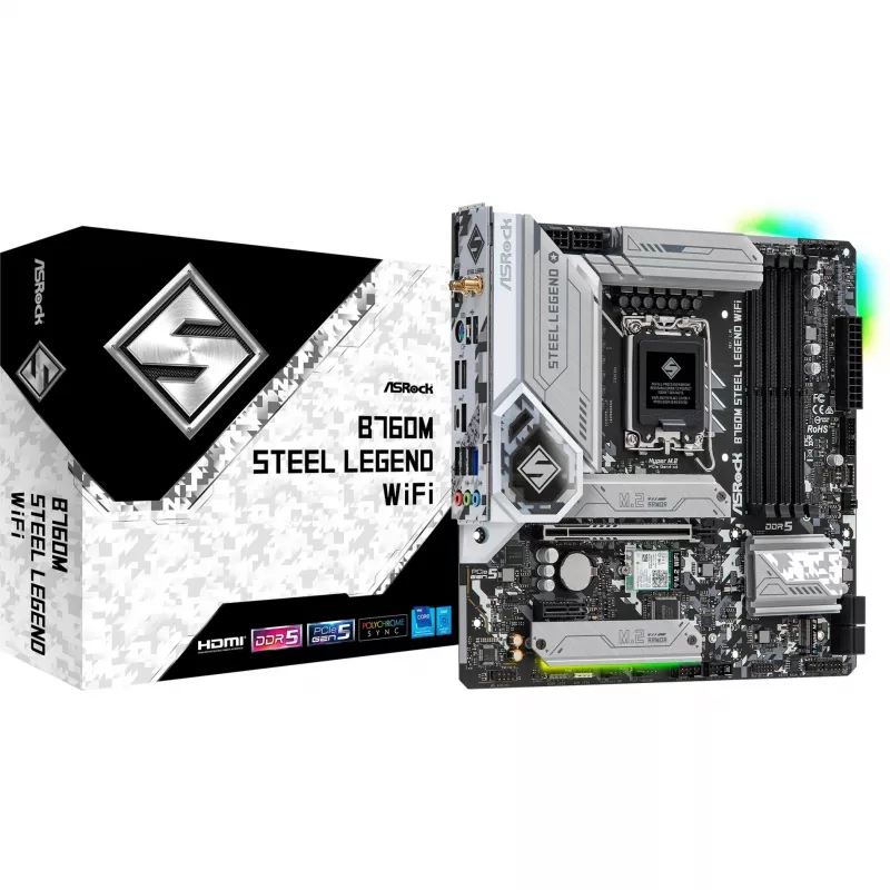 Emaplaat ASRock B760M Steel Legend WiFi — Intel B760, LGA 1700, micro ATX, DDR5, 4 DIMM, 128GB, Wi‑Fi 6E, 2.5Gb LAN