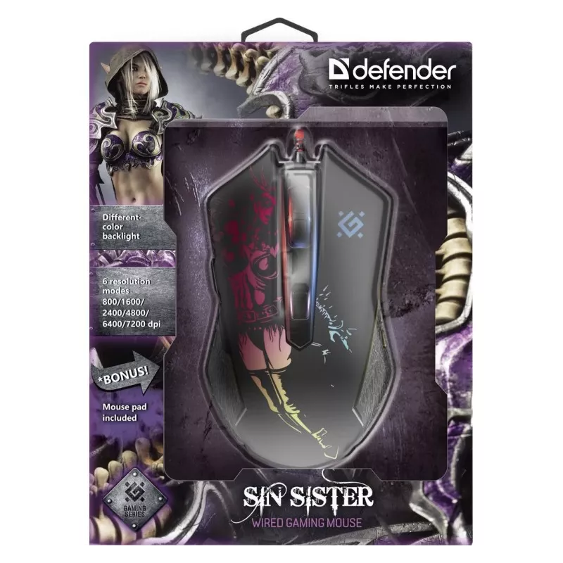 Mänguri optiline juhtmega hiir DEFENDER GM-933 SIN'SISTER 7200 dpi 6P RGB