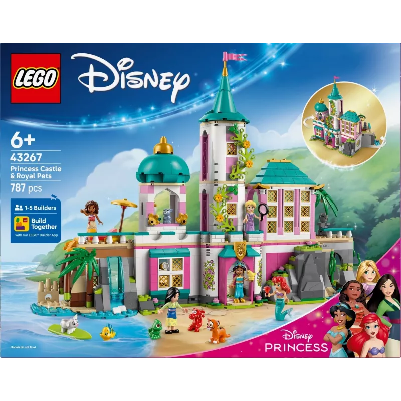 LEGO Disney Princess Castle and Royal Pets ehituskomplekt 43267 — 787 osa, 5 minifiguuri, vanus 6+, 320×460×100 mm