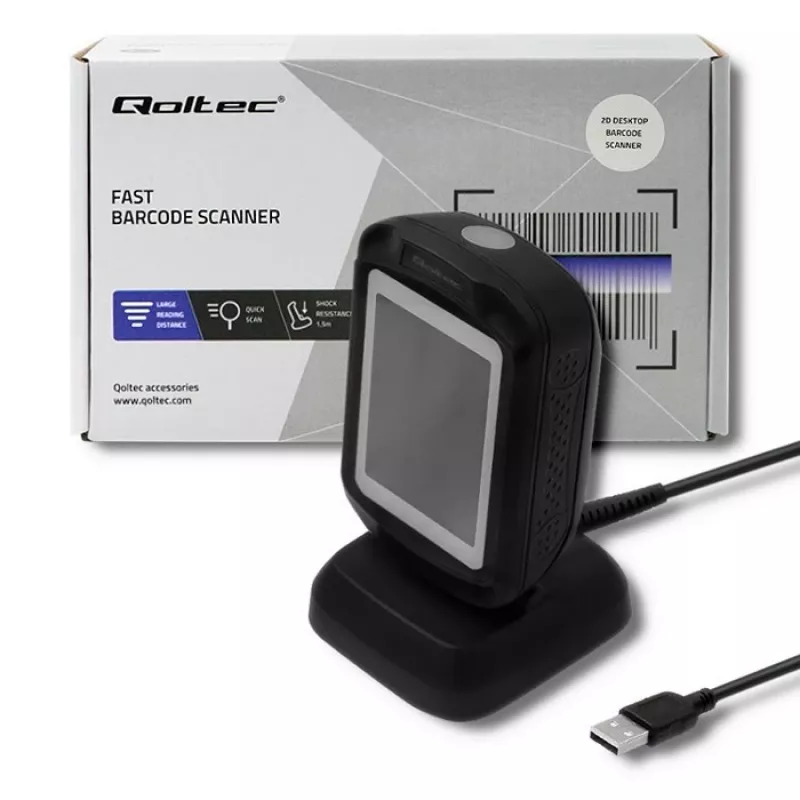 Fikseeritud 1D/2D vöötkoodiluger QOLTEC 50864, LED-andur, USB-juhtmega, must, 145×85×80 mm
