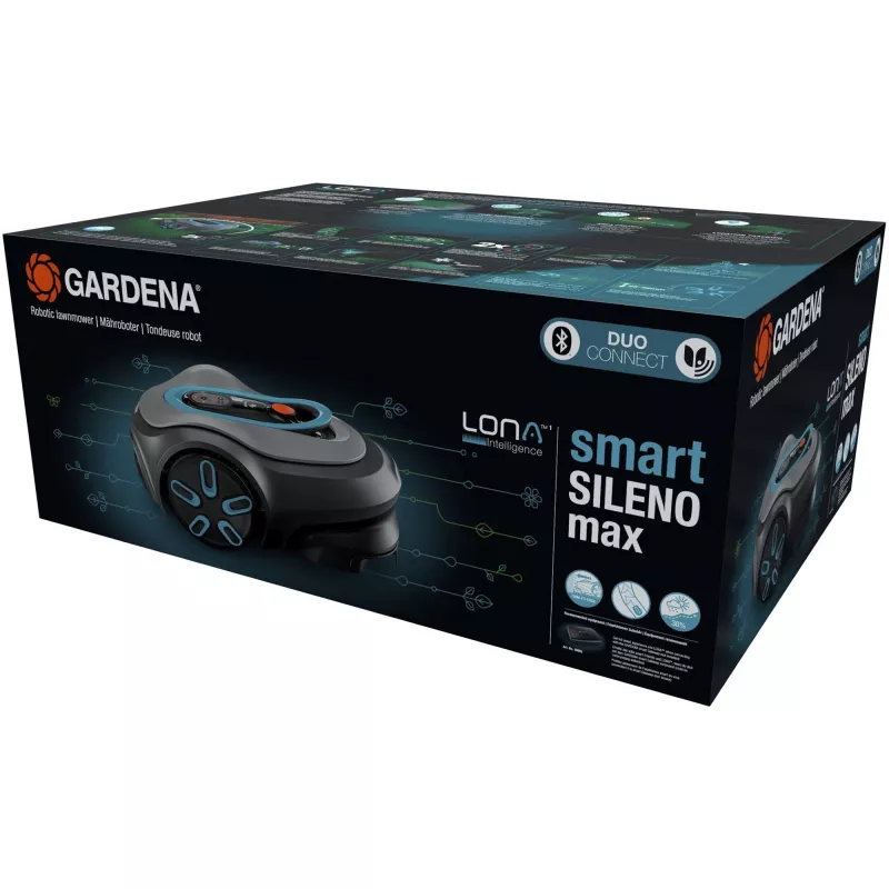 Robotic lawn mower GARDENA smart SILENO max — 800 m², 16 cm cutting width, aku, LONA navigation, hall