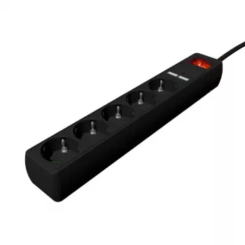 Gembird SPG5-U2-5-02 Pikendusjuhe USB-laadijaga, 5 pistikupesa, 1,5 m, 2x USB, must