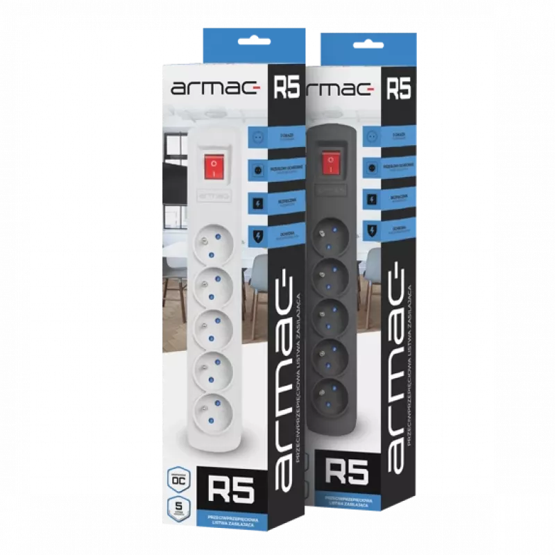 Pikendusjuhe ARMAC R5 — 5 pistikupesa, 5 m kaabel, must