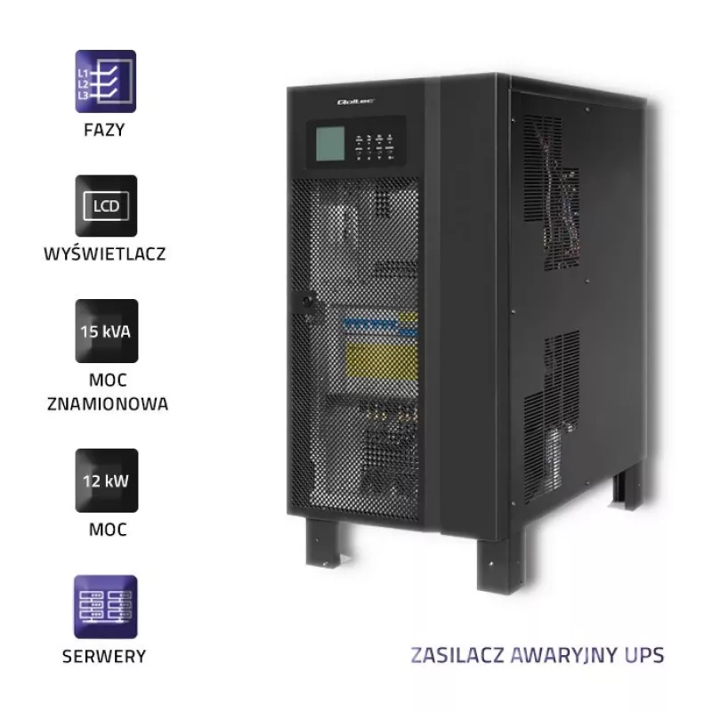 Katkematu toiteallikas QOLTEC 53949 3-faasiline 15 kVA 12 kW LCD-ga