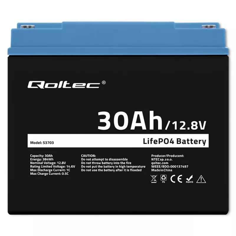 Laetav LiFePO4 aku QOLTEC 12.8V 30Ah 384Wh koos BMS-iga