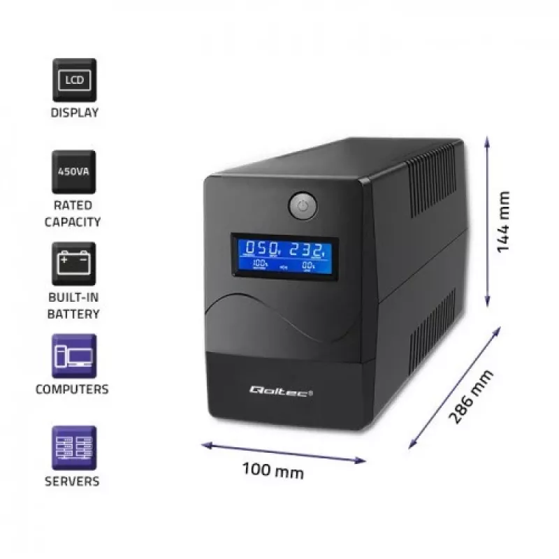 Qoltec Monolith katkematu toiteallikas (UPS) topeltmuundusega (Online) 1 kVA 600 W 2 SCHUKO pistikupesa