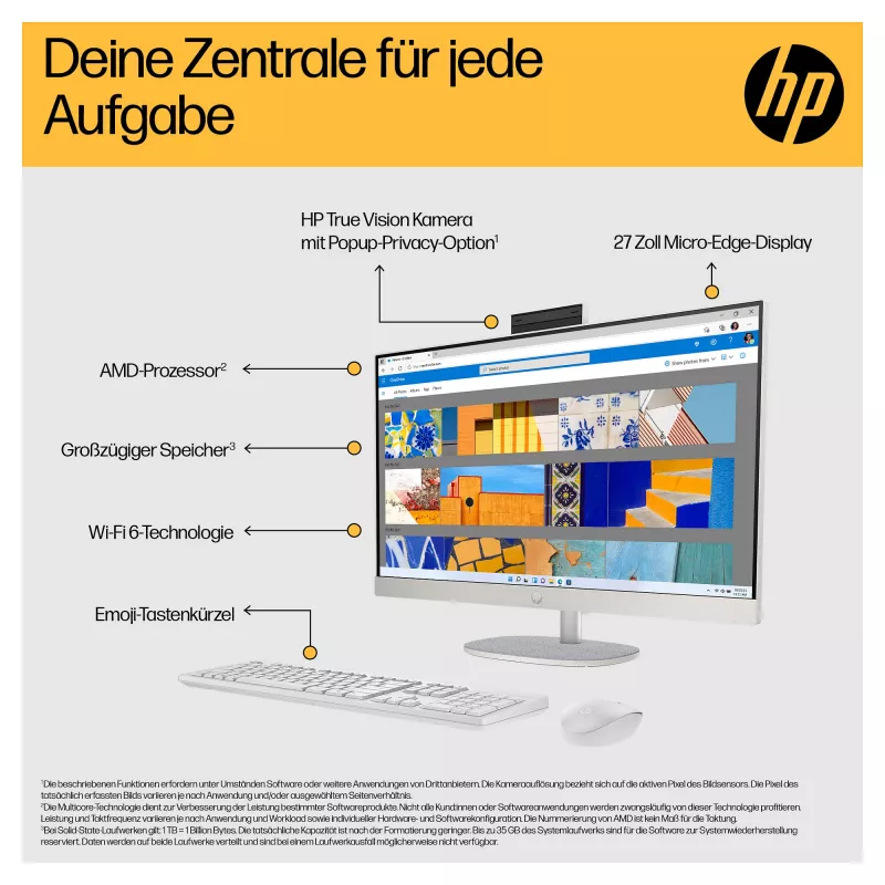 HP 27-cr0471ng - Kõik-ühes (terviklahendus) - Ryzen 7 7730U - RAM 16 GB - SSD 512 GB - NVMe - Radeon Graphics - 1GbE, Wi-Fi 6, Bluetooth - WLAN: 802.11a/b/g/n/ac/ax, Bluetooth