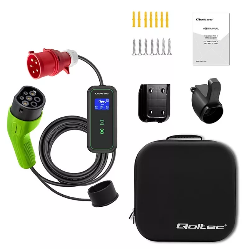 Qoltec mobiilne elektriauto laadija reguleeritav 2in1 Type2 | 11kW | CEE 5-pin | LCD | 3 faasi | kaasaskantav | seinakarp | 5m