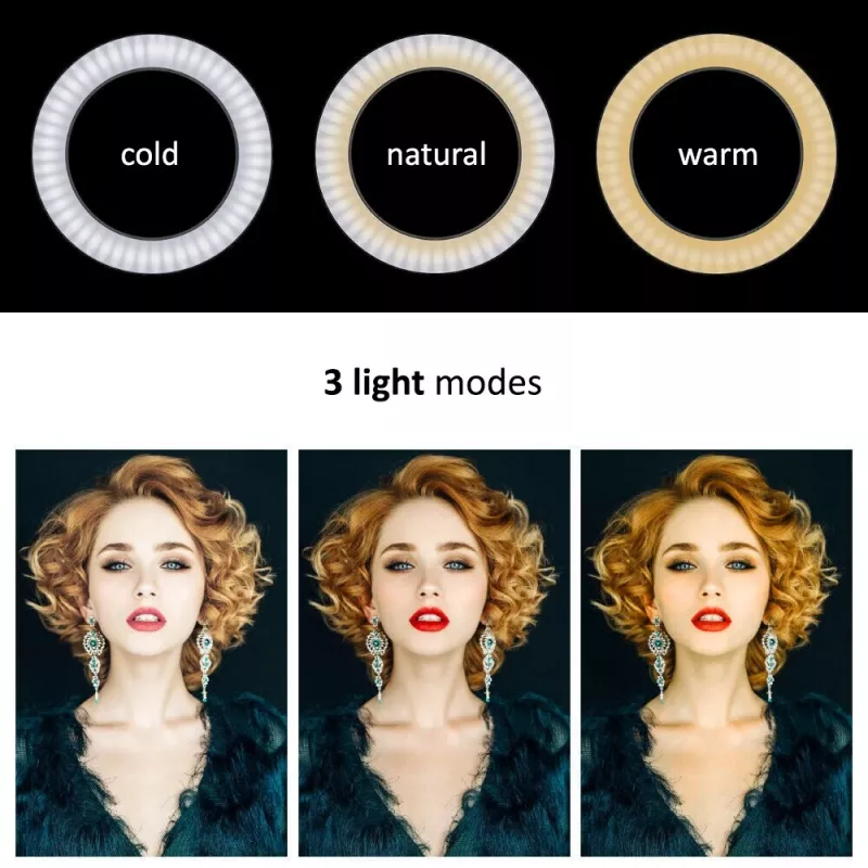 Maclean MCE610 10 12W LED-ringsvalgus statiivi ja Bluetooth-päästikuga, 3 värvi, 10 heledustaset, 10%–100% reguleeritav heledus, 160 LED-i, nutitelefoni hoidikuga valgusti