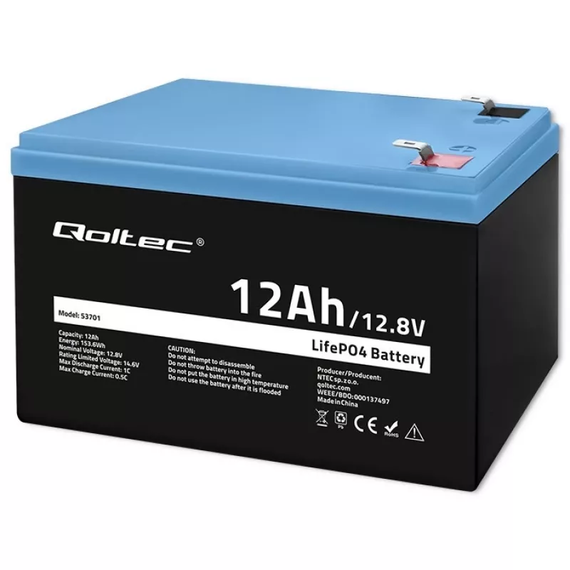 Qoltec LiFePO4 liitium-raudfosfaataku 12,8V 12Ah 153,6Wh BMS-iga