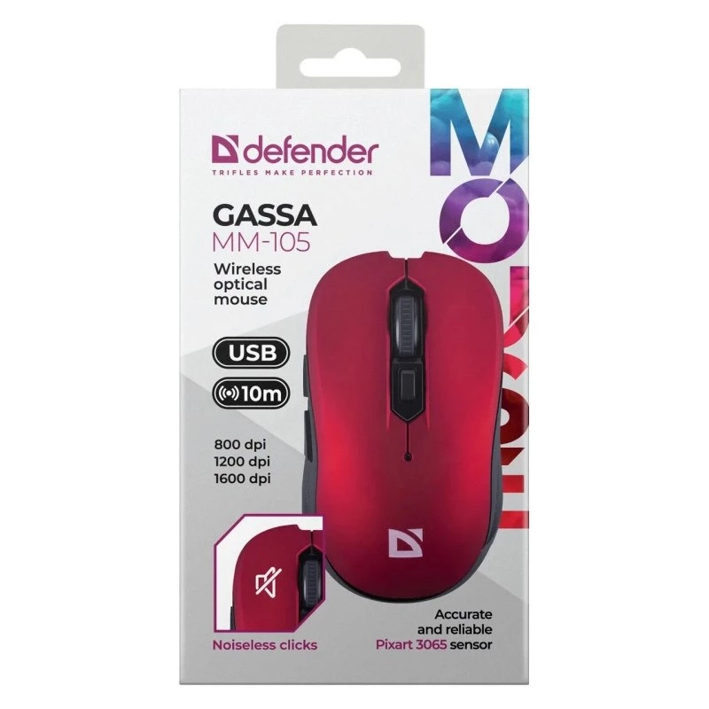 Juhtmevaba RF vaikne hiir DEFENDER Gassa MM-105 — Mõlemakäeline, 1600 DPI, 2,4 GHz, nano-USB vastuvõtja