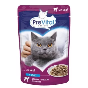 Konserveeritud märg kassitoit PREVITAL Vasikaliha kastmes 100 g — täiskasvanud kassidele, 82% niiskust, 9% valku, 5% rasva
