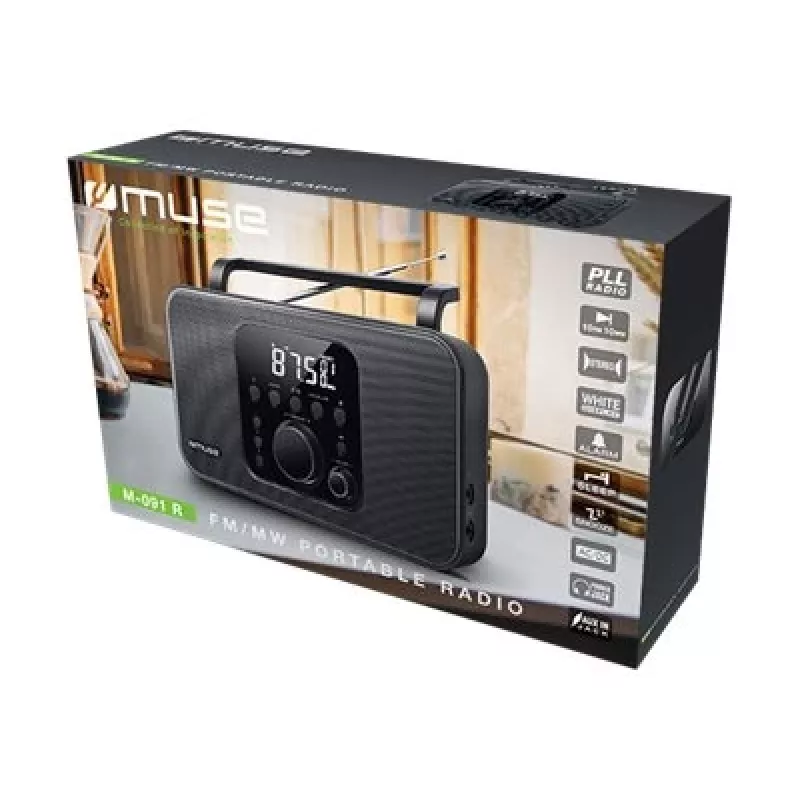 Kaasaskantav raadio Muse M-091 R — FM/AM, LCD-ekraan, toide vahelduvvoolust või AA/D patareidest, pöörlev helitugevus, 1,1 kg, must