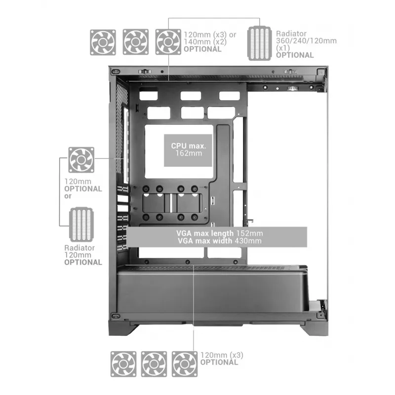 TACENS Mars Gaming MCPRISMA Midi Tower PC korpus, must, karastatud klaas, toetab ATX/Micro-ATX/Mini-ITX, 2x3,5-tollised + 2x2,5-tollised sahtlid