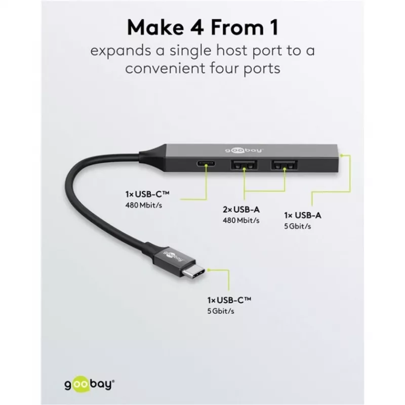 Goobay Slim 4-Port USB-Hub, USB-C™ USB-C™/USB-A, USB 3.2 (74459)