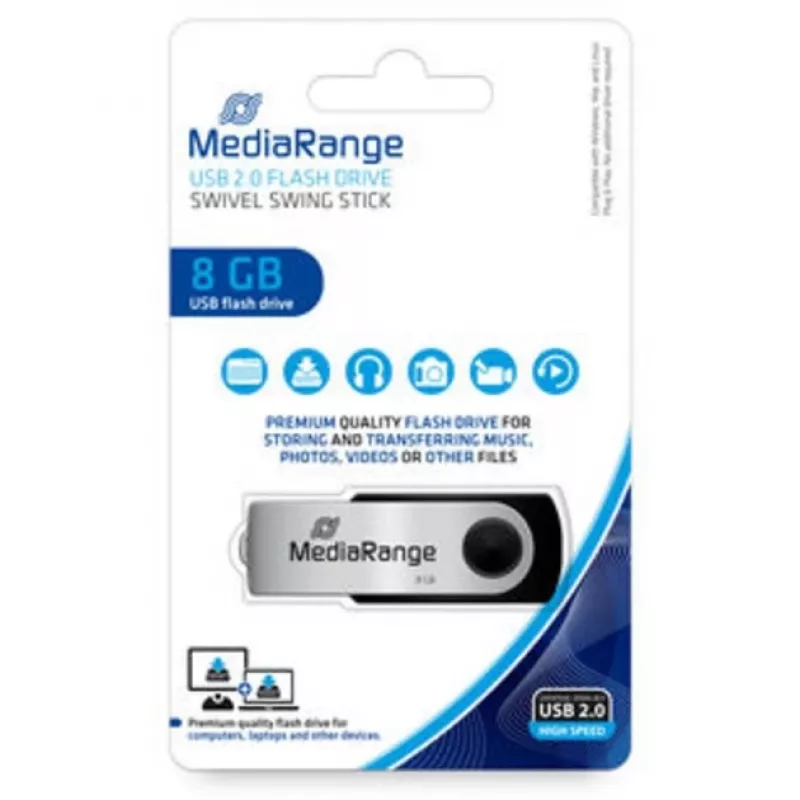 MediaRange MR908NTRL USB-mälupulk 8 GB USB Type-A 2.0 Must - Hõbedane (MR908NTRL)