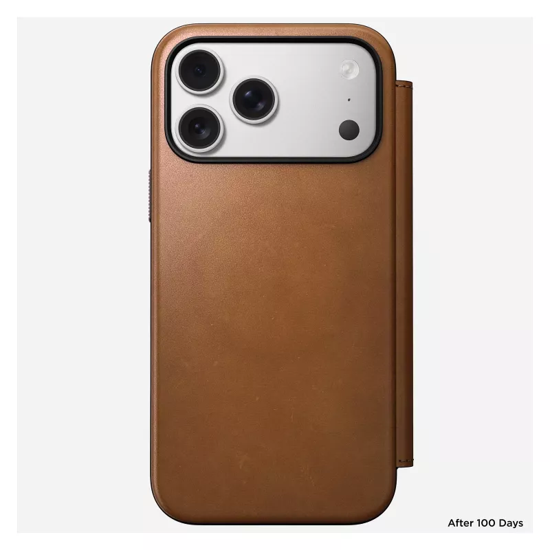 Mobiiltelefoni flippümbris Nomad Modern Leather Folio kate iPhone 17 Pro Max jaoks — Tan, mahutab kuni 17,5 cm (6,9 tolli) ekraani, 4 kaarditaskut